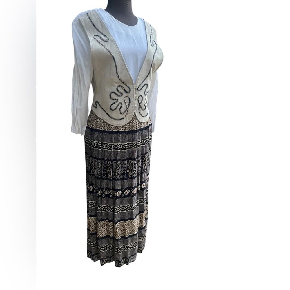 Vtg 90s Cottagecore Embroidered Vest Crinkled Skirt Maxi Dress 16 Artsy Boho